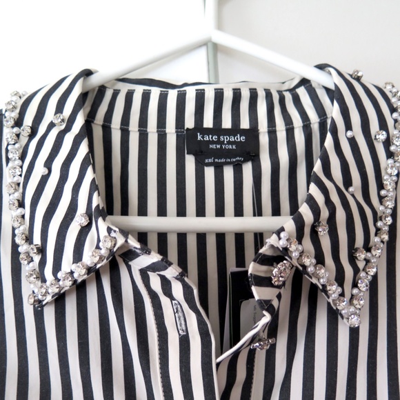 NWT Kate Spade Acrobat Stripe Black and White Embellished Shirt Size XXL - Picture 8 of 16